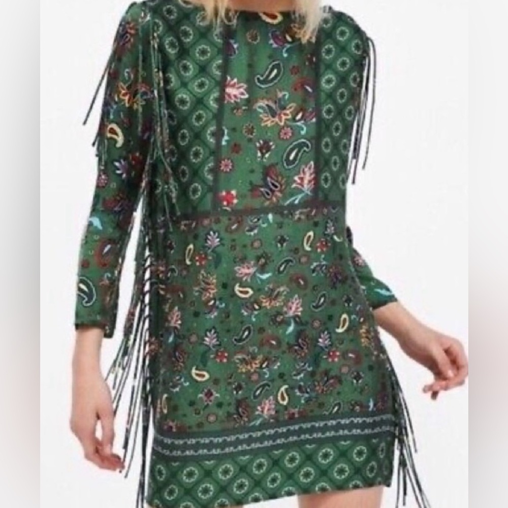 Zara NWT Green Paisley Print Bohemian Mini Dress - Picture 3 of 7